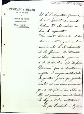 Carta del Capità general de la comandància militar de Reus comunicant al president del Centre que ha concedit el permís a l'Orfeó de l'entitat per assistir  al concurs musical de Marsella