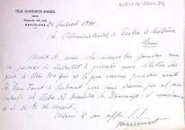 Carta del Dr. Domènech Roure a l'administrador del Centre de Lectura sol·licitant el cobrament de l'import acordat per la feina feta en el llibre de Marcel·lí Domingo