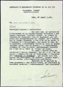 Carta de Josep M. Amorós a Joan Ballester per a celebrar l'antiversari de l'Academia Labor