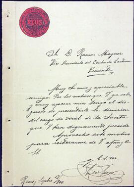 Carta de dimissió d'A. Serra del seu càrrec de vocal