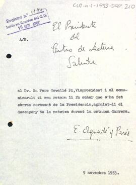 Carta d'agraïment del president a Pere Cavallé Pi