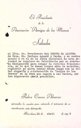 Carta de l'Asociación Amigos de los Museos a Enric Aguadé Parés