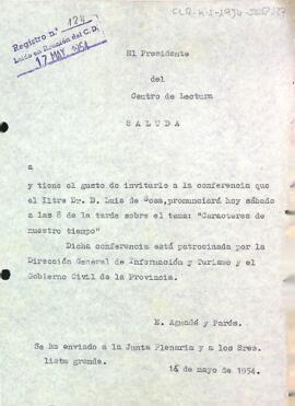 Carta d'invitació del president a la junta plenària i a altres personalitats a la conferència que oferirà Luís de Sosa