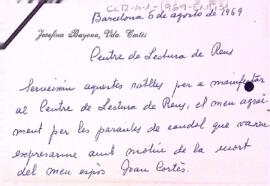 Carta d'agraïment de Josefina Bayona, vídua de Juan Cortés