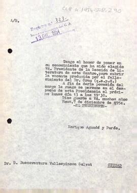 Carta del president a Bonaventura Vallespinosa