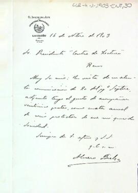 Álvaro Bielza Romero comunica la subscripció de 25 pessetes com a quota anual per ser soci protector del Centre de Lectura