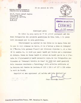 Carta de Joan Bassegoda al president del Centre de Lectura