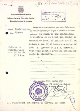 Carta del Delegat Provincial de Educación Popular autoritzant la celebració d'una conferència