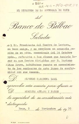 El Banco de Bilbao agraeix la informació sobre les classes del Centre de Lectura