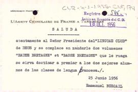 Carta de l'agent del Consolat de França a Tarragona al president del Centre de Lectura
