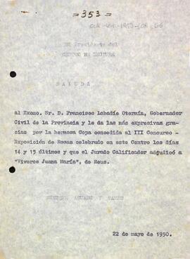 Agraïment per la concessió d'una copa per al III Concurs-Exposició de Roses