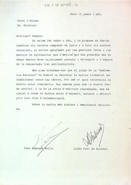 Carta d'agraïment de Pere Anguera i Lluís Font de Rubinat