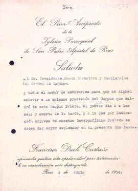 Invitació del prior de la prioral de Sant Pere