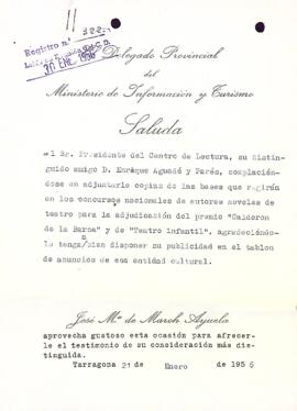 Carta del delegat provincial del Ministeri d'Informació i Turisme al Centre de Lectura del president del Centre de Lectura