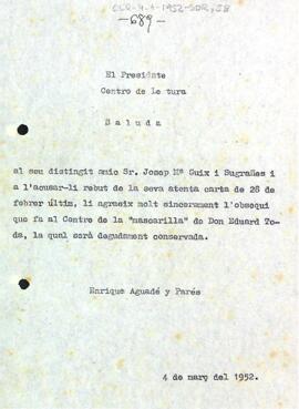 Carta d'Enric Aguadé Parés a Josep M. Guix Sugrañes