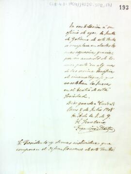 Agraïment de la junta de govern al president i membres de l'Orfeó Reusenc per haver-se ofert a participar en les sessions cinematogràfiques benèfiques que se celebren al Centre de Lectura