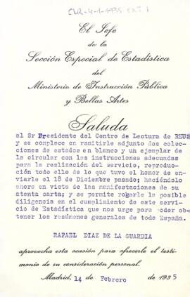 Carta de la Sección Especial de Estadística del Ministerio de Instrucción Pública y Bellas Artes