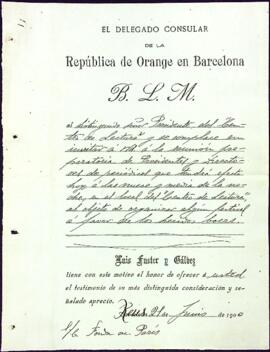 Invitació del Delegat Consular de la República d'Orange a Barcelona