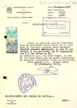 Carta de la delegació provincial al president autoritzant la reunió general ordinària del 27 de gener