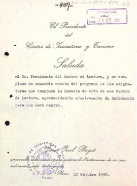 El president del Centro de Iniciativas y Turismo de Reus agraeix l'enviament del programa d'assignatures de l'Escola d'Art