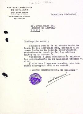Carta del Centre Excursionista de Catalunya a la Secció Excursionisa