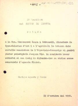 Agraïment per l'enviament d'uns cartells sobre una exposició de Joaquim Mir