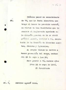 Carta de la Junta Directiva a Enric Aguadé Sans