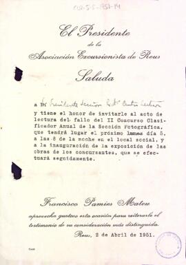 Carta de l'Associació Excursionista de Reus a la Secció Excursionista