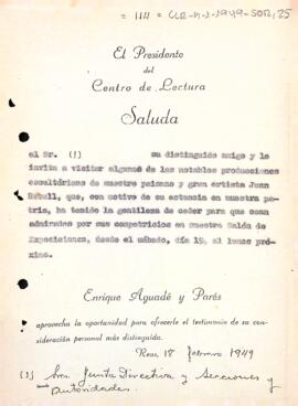 Invitació del president als membres de la junta directiva i de les seccions a visitar les escultures cedies per Joan Rebull