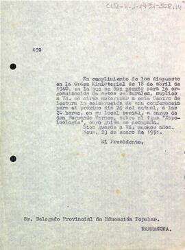 Carta del president al delegat provincial d'educació popular sol·licitant el permís per celebrar una conferència de Fernando Termes