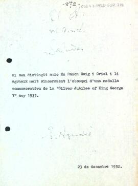 Carta d'Enric Aguadé Parés a Ramon Reig i Oriol