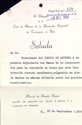 Carta del delegat de la Caixa d'Estalvis Provincial de Tarragona a Reus al president del Centre de Lectura