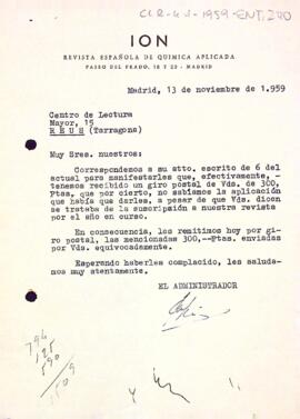 Carta de la revista ION al Centre de Lectura