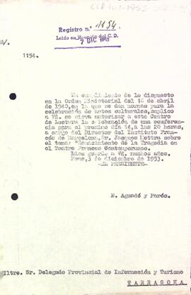 Carta del president al delegat provincial d'informació i turisme de Tarragona