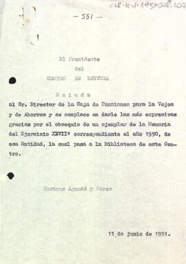 Carta d'agraïment del president al director de la Caixa de Pensions per l'exemplar rebut de la memòria de banc