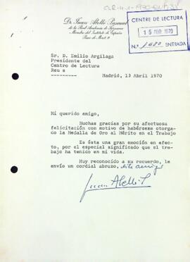 Carta d'agraïment de Juan Abello Pascual al president del Centre de Lectura