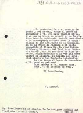 Carta del president a l'Associació d'Antics Alumnes de l'Institut Gaudí