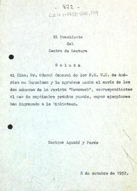 Carta d'agraïment al Cònsul General d'estats Units d'Amèrica a Barcelona
