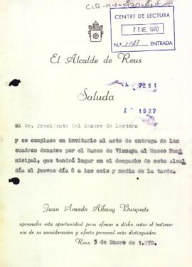 Invitació de l'alcalde de Reus al president del Centre de Lectura