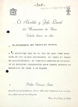 El nou alcalde de Reus informa de la seva recent possessió del càrrec