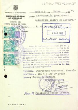Carta de la direcció general de seguretat autoritzant un documental en francès