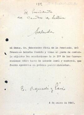 Carta del president informant el governador civil de la província de Tarragona de les conclusions aprovades durant la quarta sessió de converses sobre temes d'interès local i comarcal