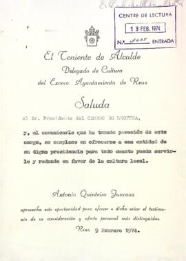 Carta de d'Antonio Quinteiro Juncosa al president del Centre de Lectura