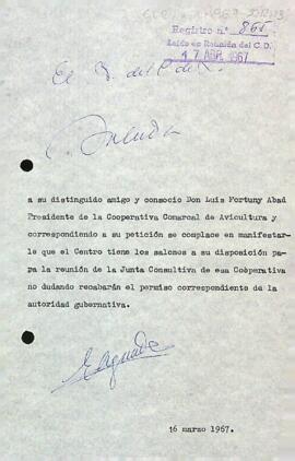 Carta del president a la Cooperativa Comarcal d'Avicultura