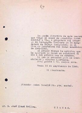 Carta de la Junta Directiva a Josep Llusà Trillas