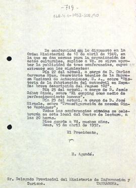 Carta d'Enric Aguadé Parés al Delegat provincial d'Informació de Tarragona