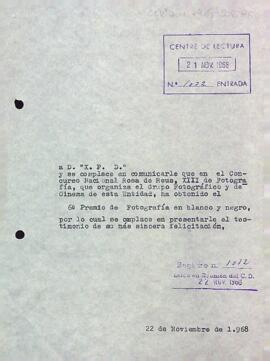Carta a X. P. D. comunicant el resultat del Concurs Nacional Rosa de Reus, XIII de Fotografia