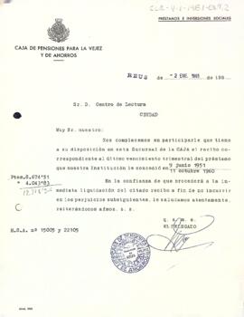 Carta del delegat de la Caixa de Pensions per a la Vellesa i d'Estalves al president del Centre de Lectura