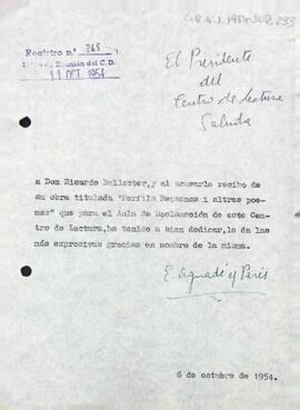 Carta d'agraïment del president a Ricart Ballester