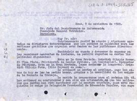 Carta d'Enric Aguadé al director del Departament d'Informació del Consulat General Britànic per l'enviament de pel·lícules amb les quals podran dura a terme les sessions gratuïtes a l'entitat